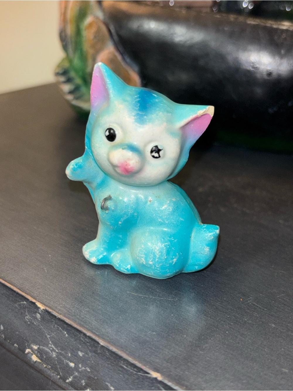 Vintage Ceramic Blue Cat Figurine with Chain Link